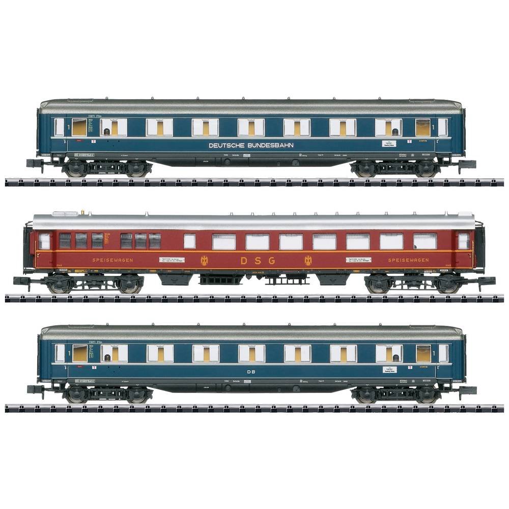 MiniTrix 18259 N set van 3 personenrijtuigen F-Zug F41 Senator van de DB 1e klas A4üe, ABü-38, restauratiewagen WR4ü set van 3 stuks
