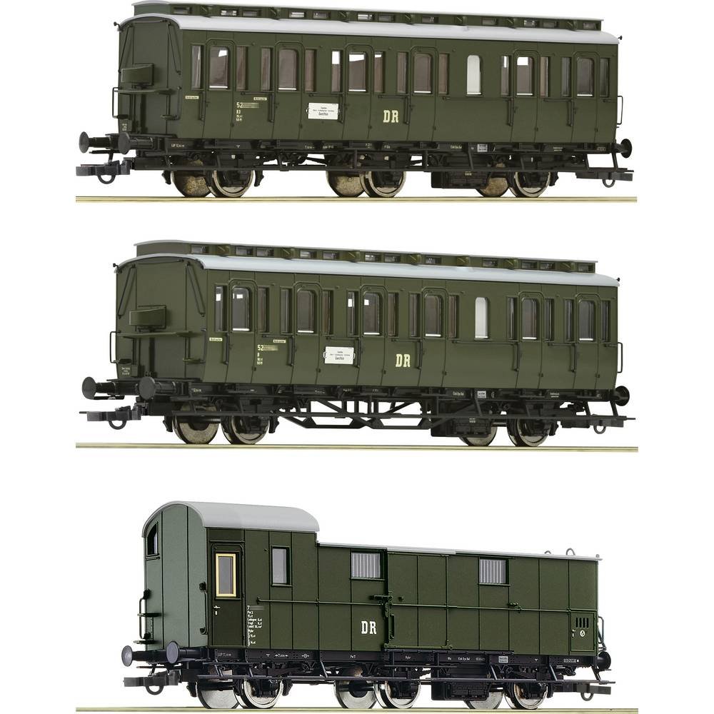 Roco 6200130 H0 3-delige set 1: Treintrein van de DR Coupérijtuig 2e Klasse, klasse B3 / coupérijtuig 2. Klasse, klasse B / bagagewagon genus Pw3