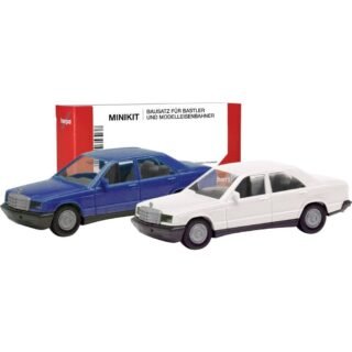 Herpa 012409-009 H0 Auto Mercedes Benz 190E, blauw en classicawit