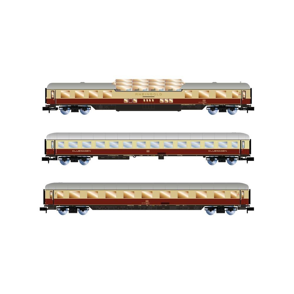 Arnold HN4507 N set van 3 personenrijtuigen Rheingold van de AKE 1 x Uitkijkwagen ARDm + 1 x clubwagen WGmh + 1 x wagen Avmz, EP. VI.