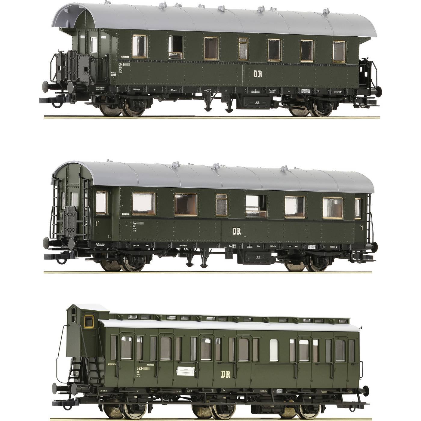 Roco 6200131 H0 3-delige set 2: Bijbaantrein van de DR 2x personenrijtuig 2e klasse genus BIP/coupérijtuig 2e klasse genus B3.