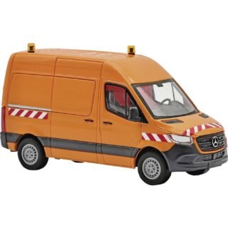 Busch 54008 H0 Bus Mercedes Benz Sprinter korte wielbasis hoog dak, oranje met wit/rode waarschuwingsstrepen