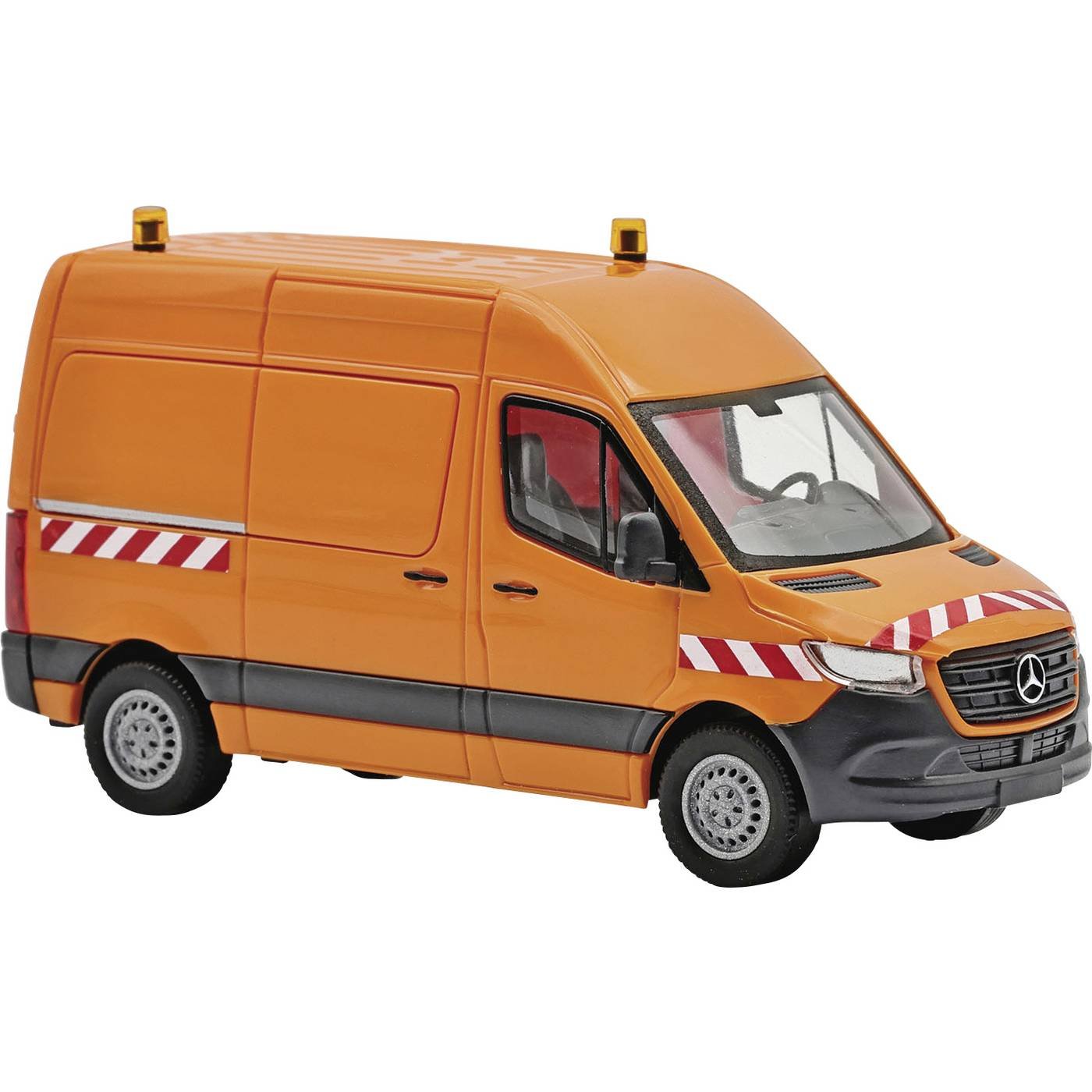 Busch 54008 H0 Bus Mercedes Benz Sprinter korte wielbasis hoog dak, oranje met wit/rode waarschuwingsstrepen